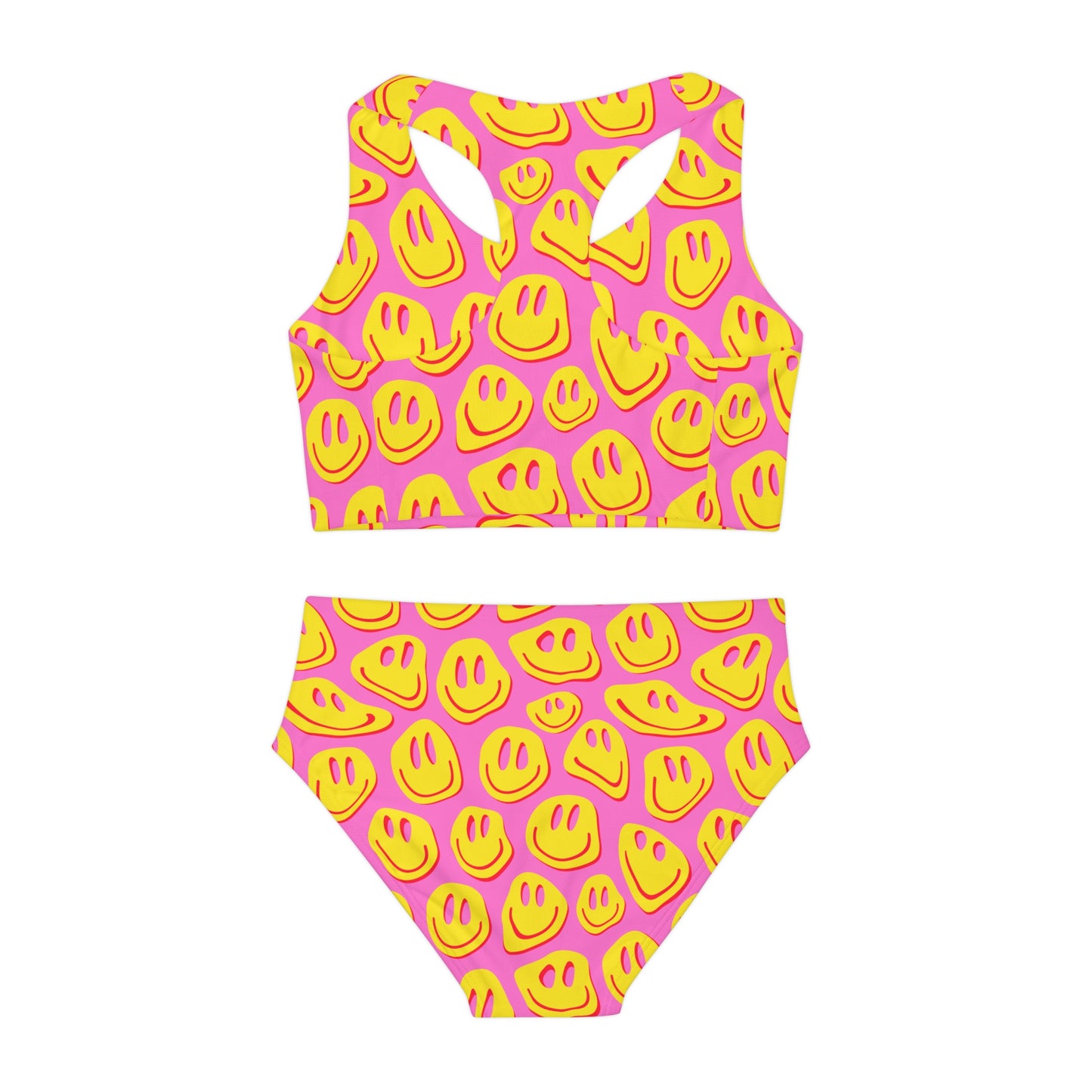 Pink & Yellow Smiley Girls Two Piece Swimsuit