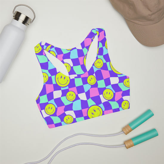 Load image into Gallery viewer, Multi Check Smiley Girls Sports Bra
