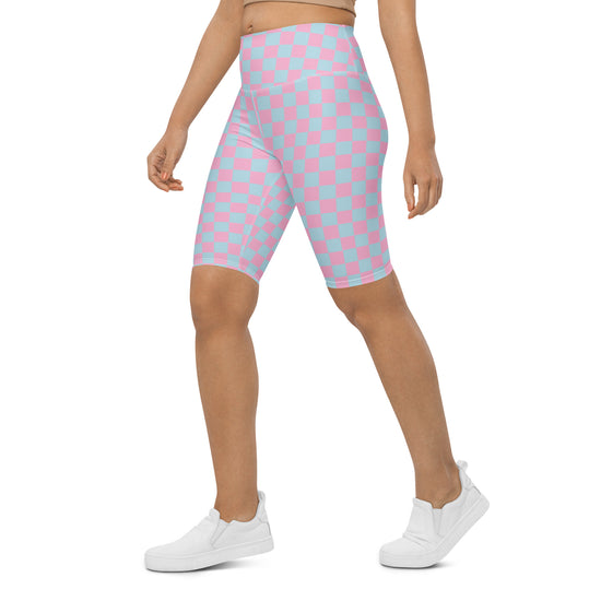 Pink & Blue Checkerboard Biker Shorts